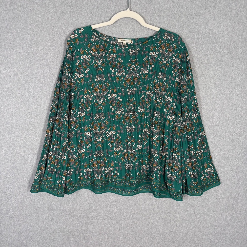 Max Studio Blouse Medium Floral Pleated Babydoll Cottage Flare Bell Sleeve Boho
